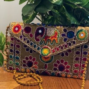 Multicolor Vibrant Embroidered Clutch with a Gold Crossbody Tassels